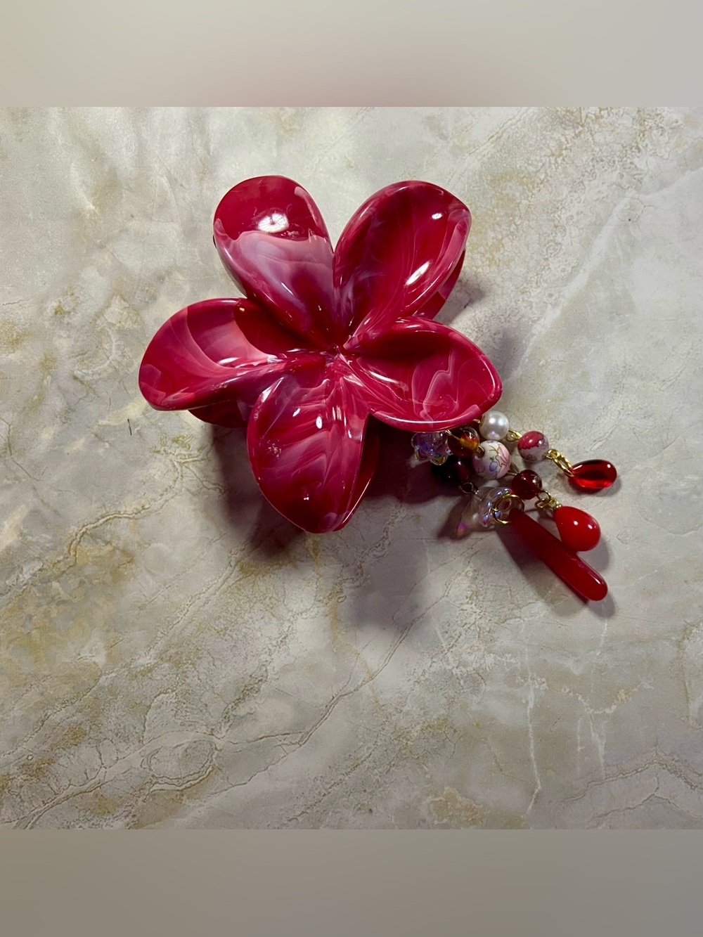 Hand Crafted Marbled Red Flower Hair Clip with Beaded Tassel